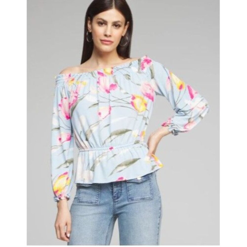 White House Black Market Light Blue Floral Off-Shoulder Blouse NWT - Picture 2 of 14